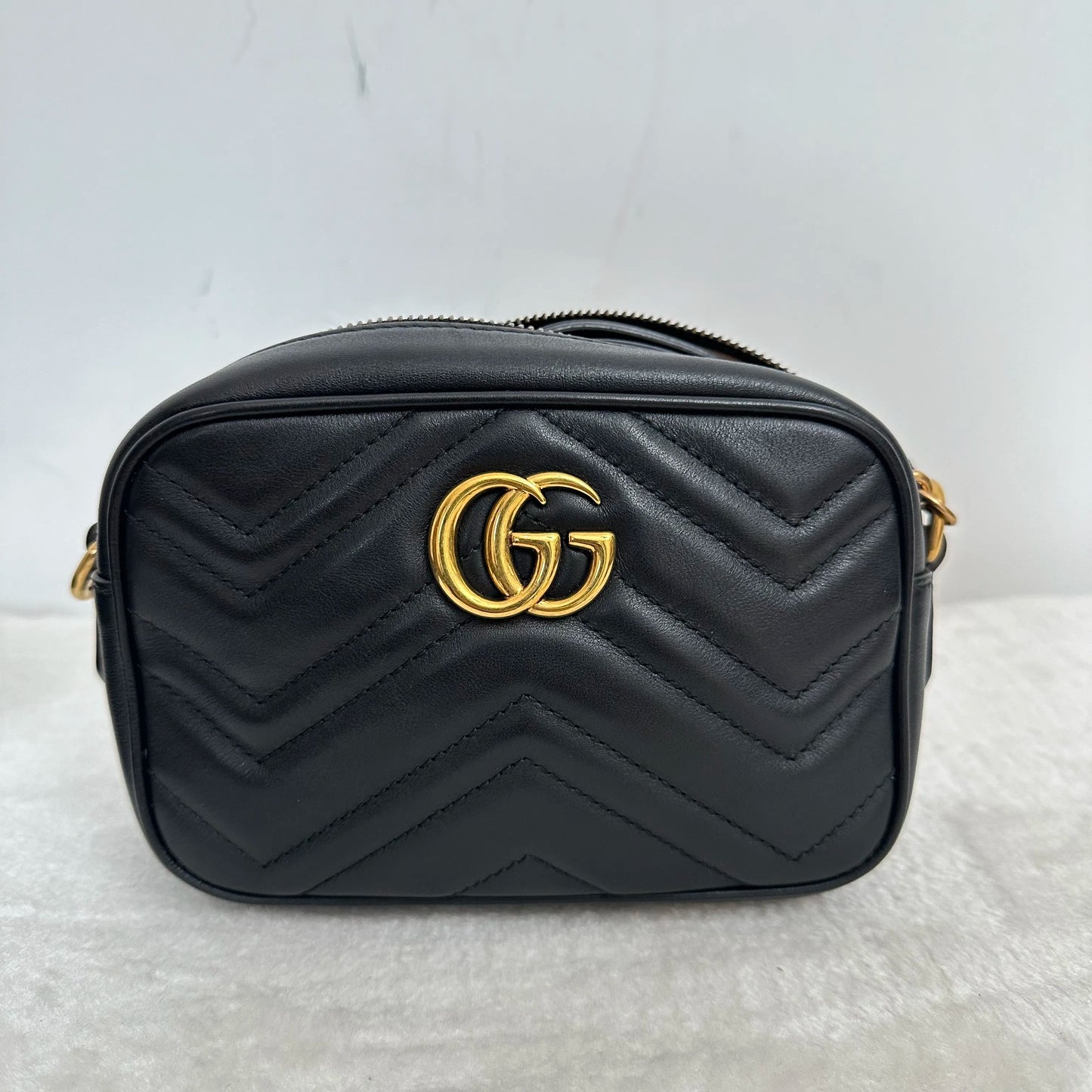 【#268】Pre-owned Gucci Marmont Mini Camera Bag Black Smooth Cowhide Shoulder Bag Crossbody Bag BJ2015
