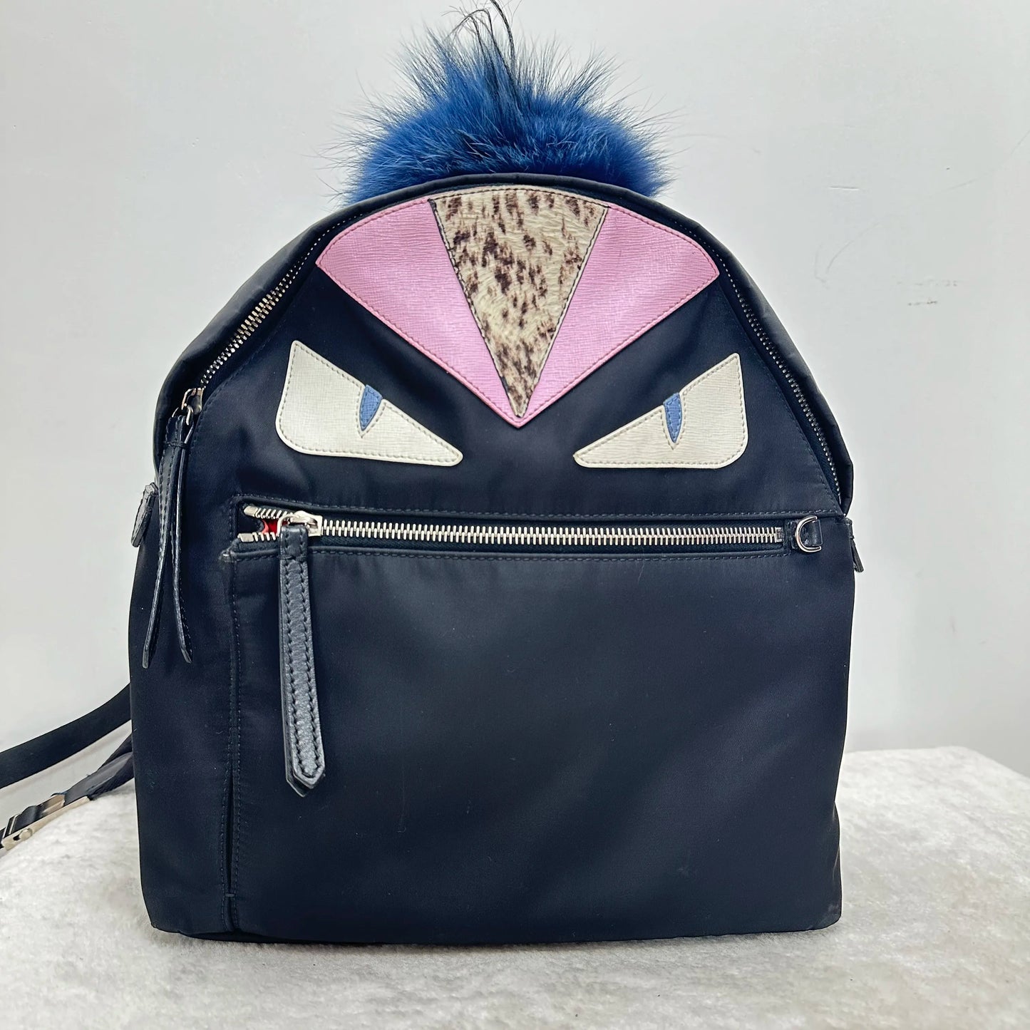 【#328】Pre-owned Fendi Monster Black & Pink Nylon with Leather Trim Backpack BJ2015