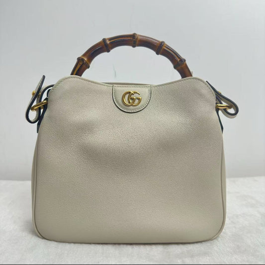 【#255】Pre-owned Gucci Diana Small Bamboo Bucket White Smooth Cowhide Shoulder Bag Handbag Crossbody Bag BJ2024