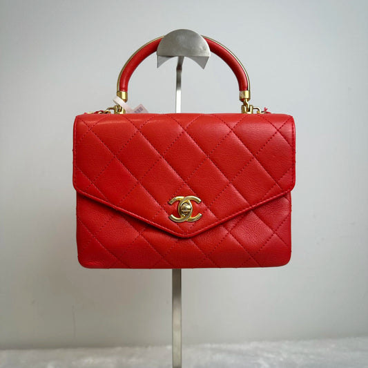 【#215】 Pre-owned Chanel Accordion Bag Coral Red Cowhide Handbag Crossbody Bag BJ2018-2019