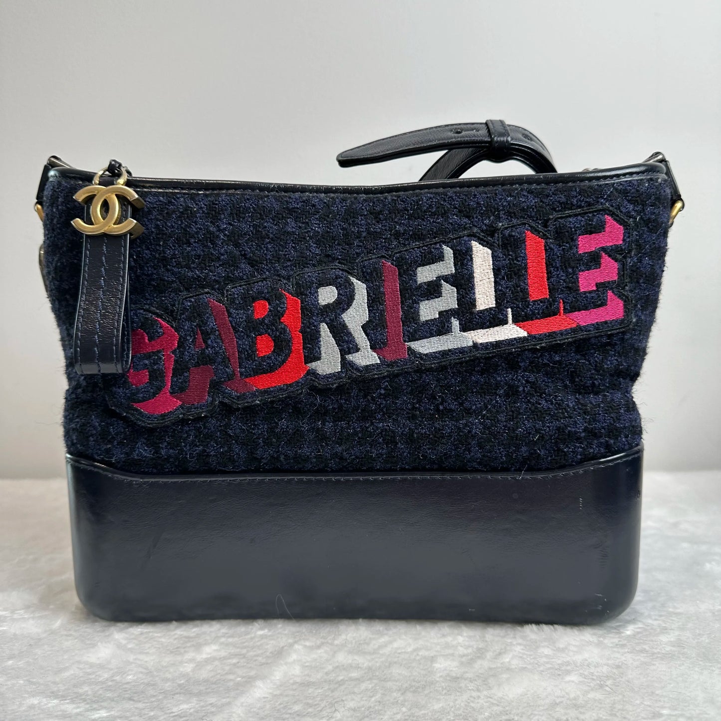 【#228】Pre-owned Chanel Gabrielle Bag Black Blue Tweed Cowhide Shoulder Bag Crossbody Bag BJ2017-2018