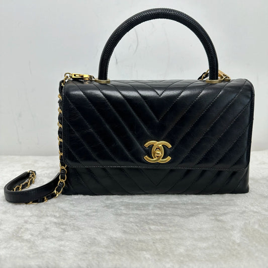 【#250】Pre-owned Chanel Coco Handle Black Calfskin & Lizaedskin Handle Handbag Crossbody Bag BJ2018