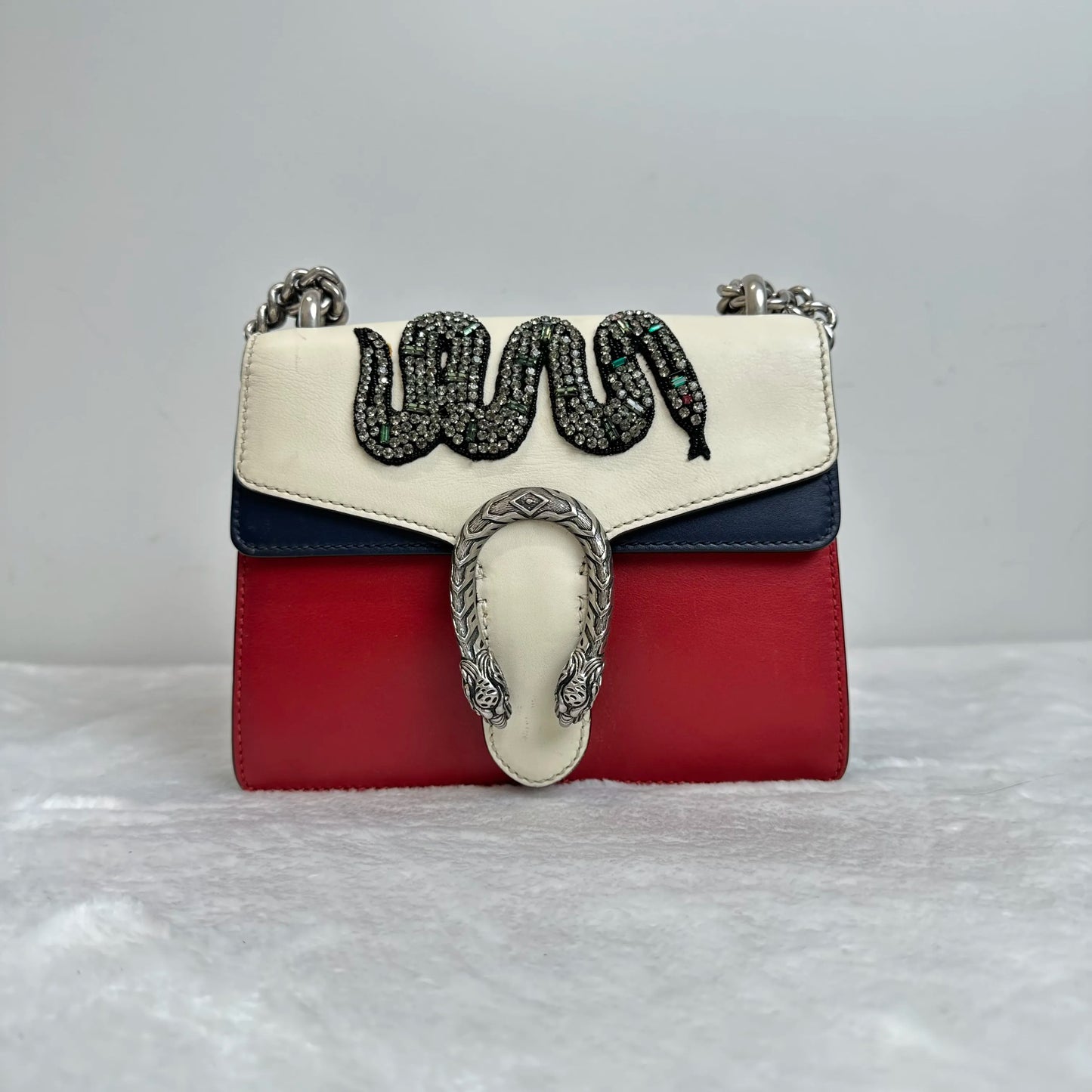 【#244】Pre-owned Gucci Dionysus Crystal Snake Embroidery Tricolor Red Blue White Cowhide Shoulder Bag BJ2015
