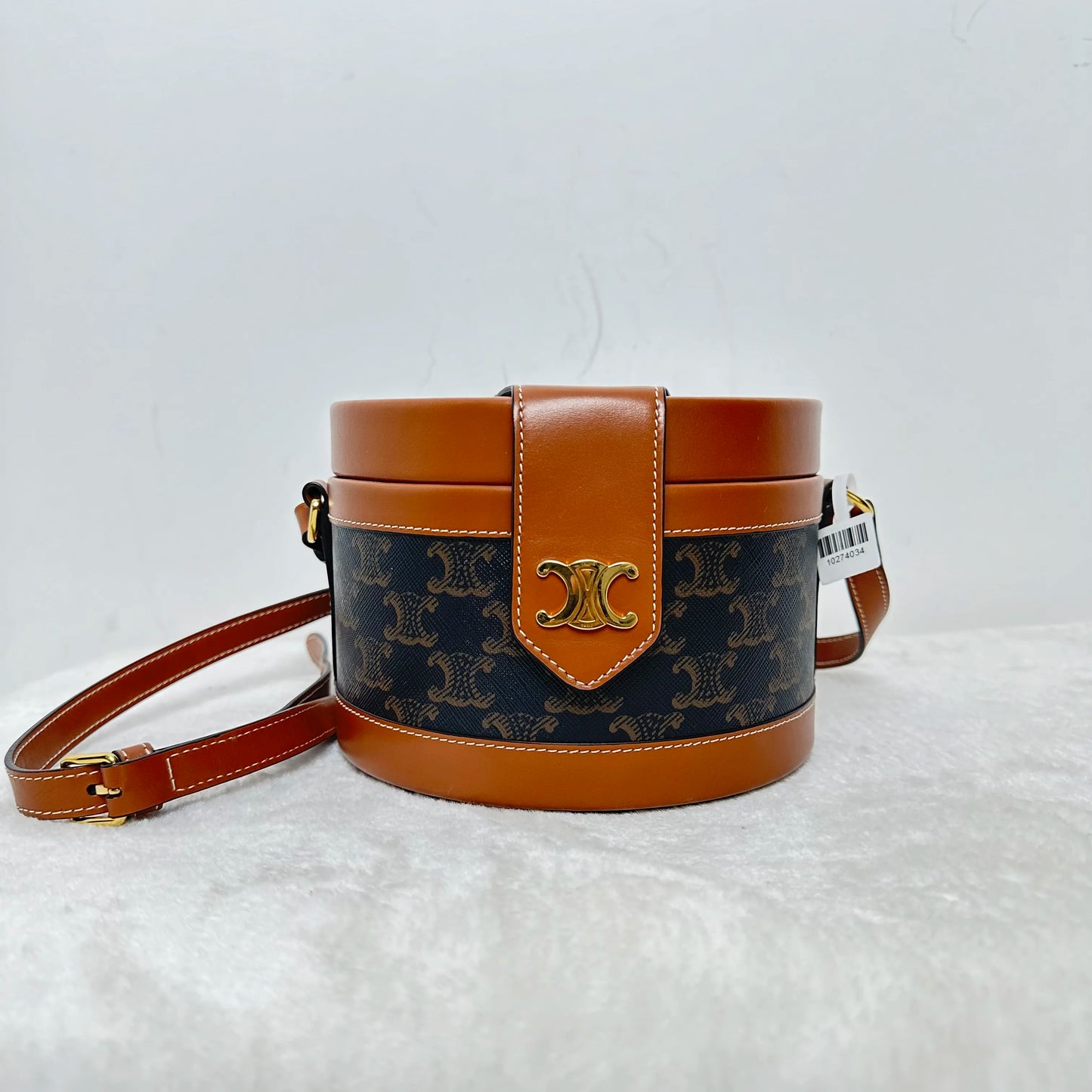 【#318】Pre-owned Celine Triomphe Tambour Box Monogram Canvas & Caramel Cowhide Shoulder Bag